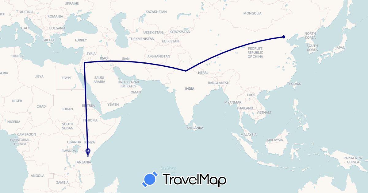TravelMap itinerary: driving in China, India, Jordan, Tanzania (Africa, Asia)